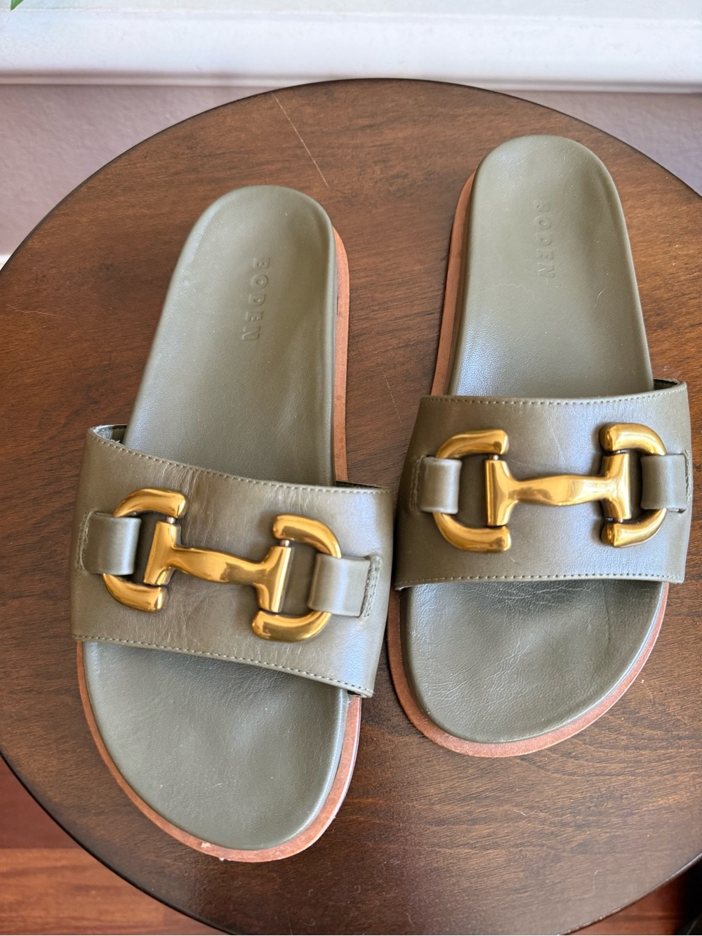 Boden Olive Green Leather Slide Sandals with Gold Horsebit (size 38)